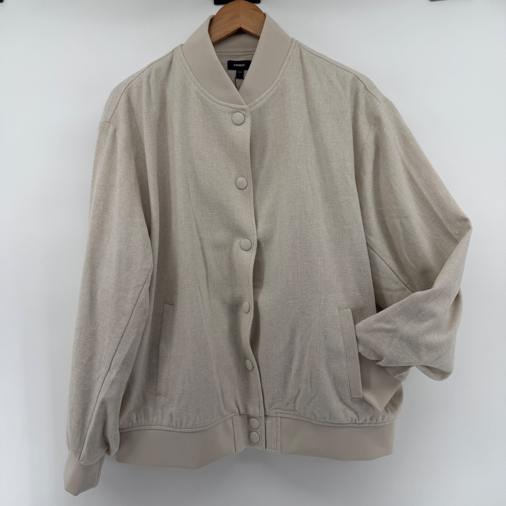 Express Womens Oatmeal Beige Textured Snap Front Bomber Jacket Size L NWT